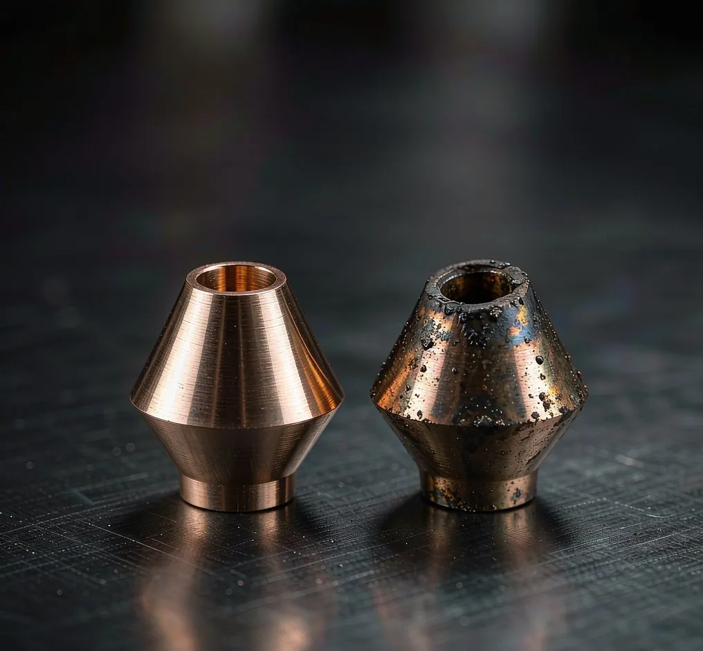New nozzle vs damaged nozzle with spatter and worn tip