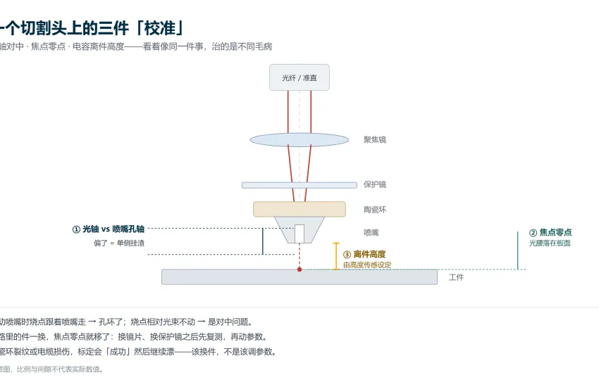 光纤激光切割头示意图：光轴对中、焦点零点与离件高度三件校准