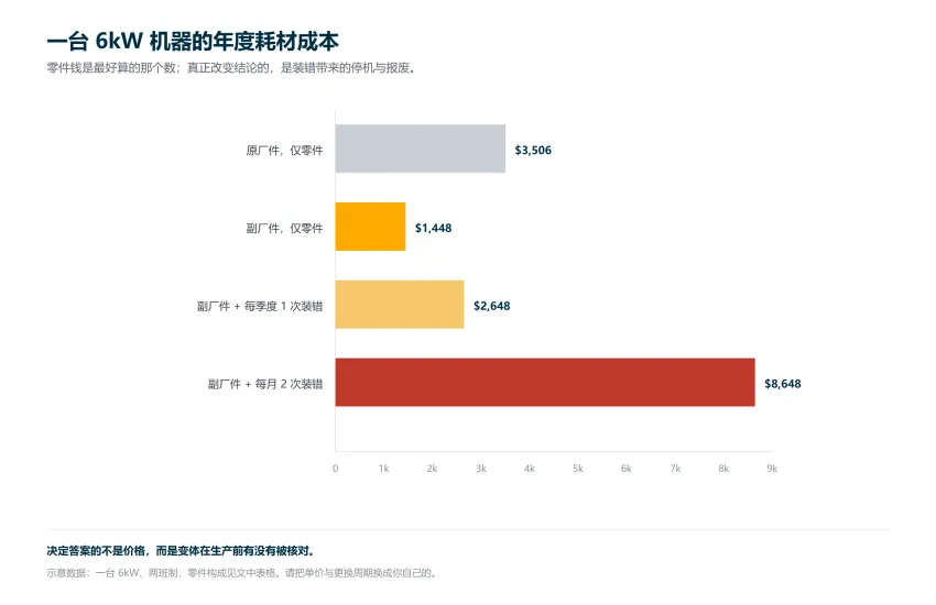 柱状图：一台 6kW 机器的年度耗材成本对比——原厂件、副厂件，以及副厂件叠加装配故障后的两种情形