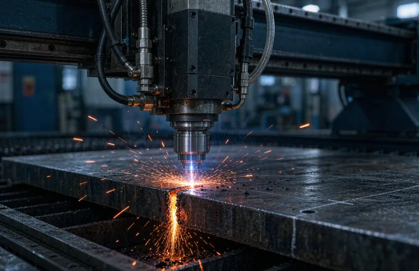 Fiber laser cutting head cutting steel plate