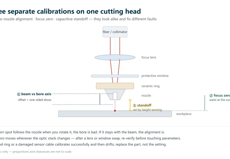 Schematic of a fiber laser cutting head showing beam-to-nozzle alignment, focus zero and standoff