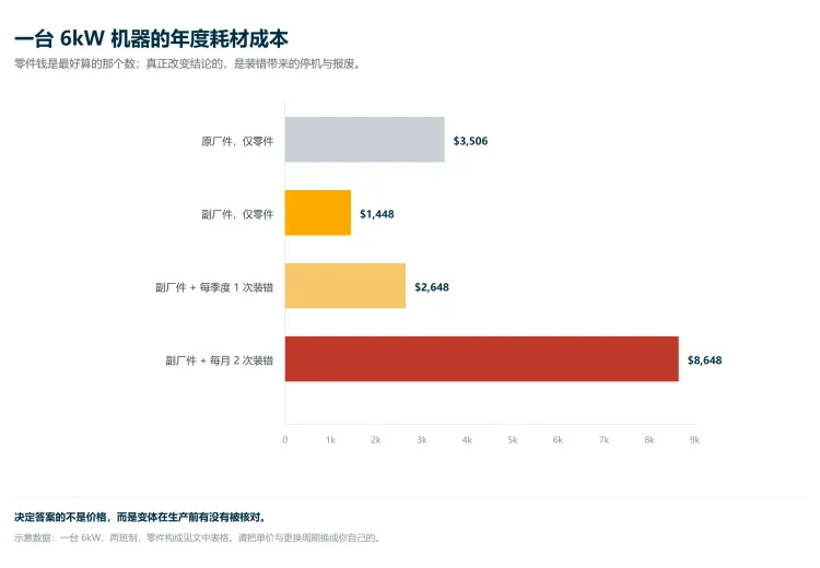 柱状图：一台 6kW 机器的年度耗材成本对比——原厂件、副厂件，以及副厂件叠加装配故障后的两种情形