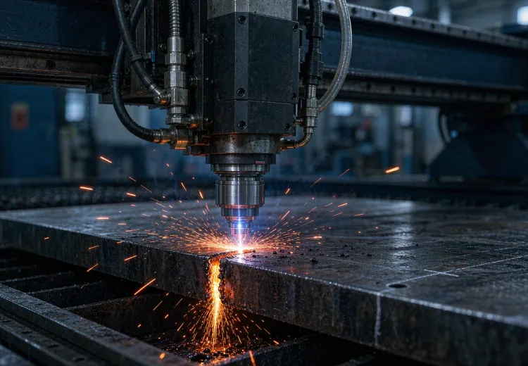 Fiber laser cutting head cutting steel plate